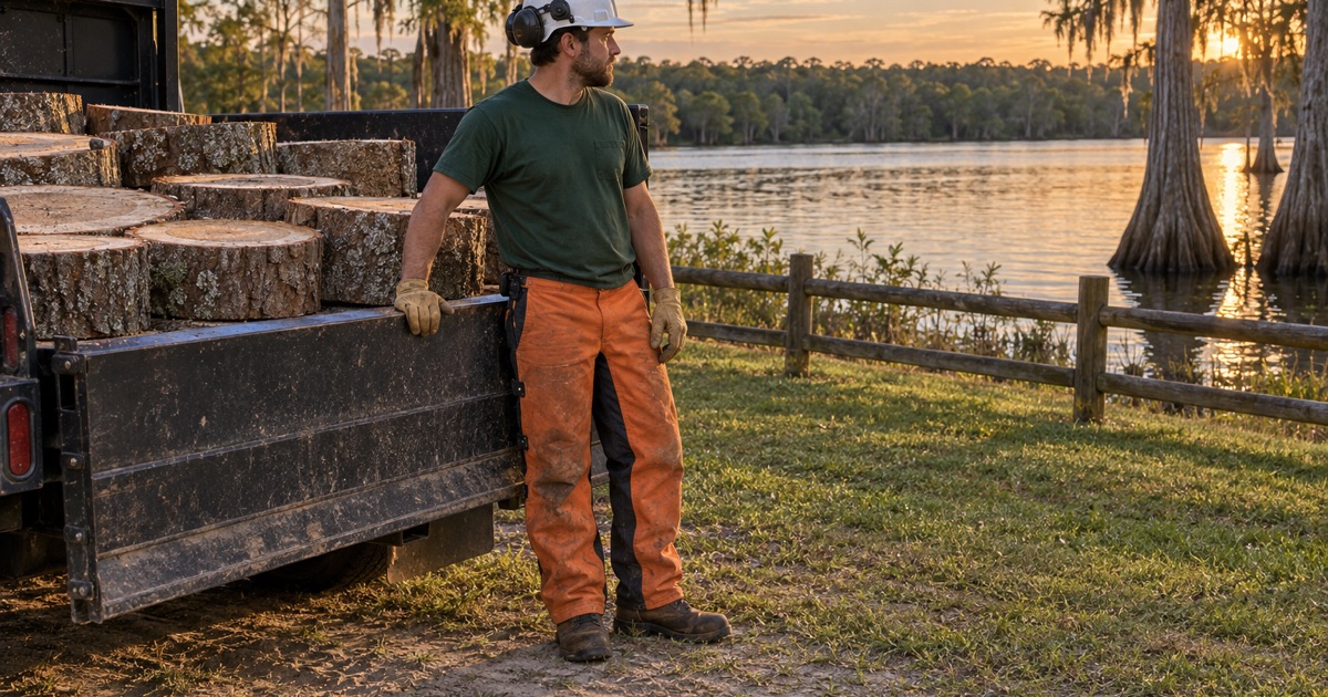 Worker at the tailboard of a loaded chip truck beside bald cypress on the Myakka River edge.