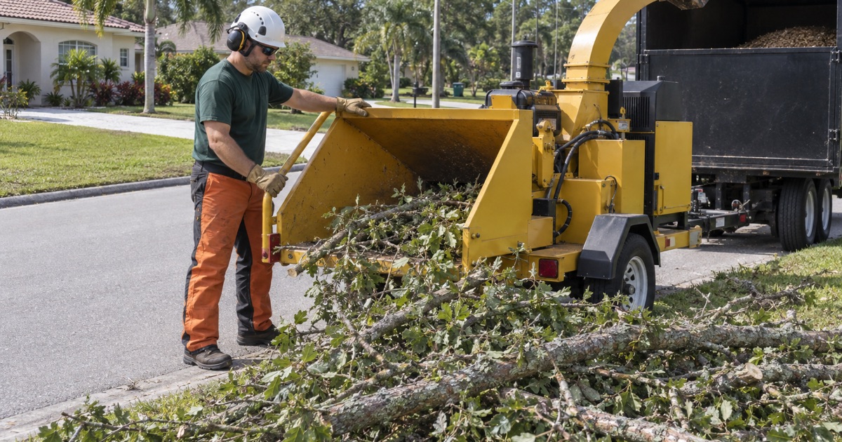 Worker feeding laurel oak brushwood into a chipper from the side on a North Port street.