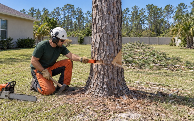 Worker setting a felling wedge in the back cut of a dead longleaf pine in North Port.