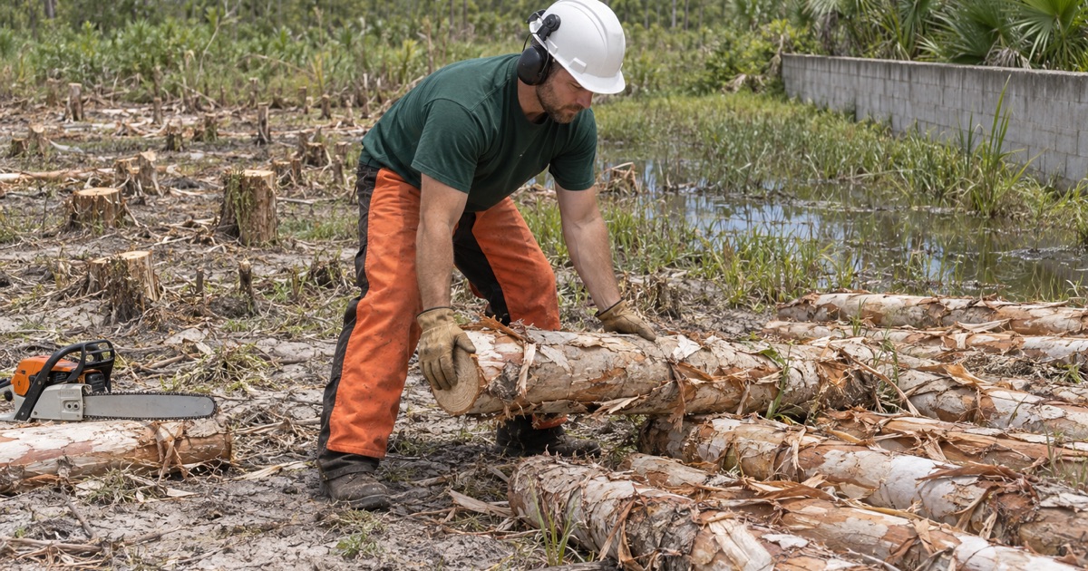 Worker rolling a cut melaleuca log onto a brushwood pile in North Port.