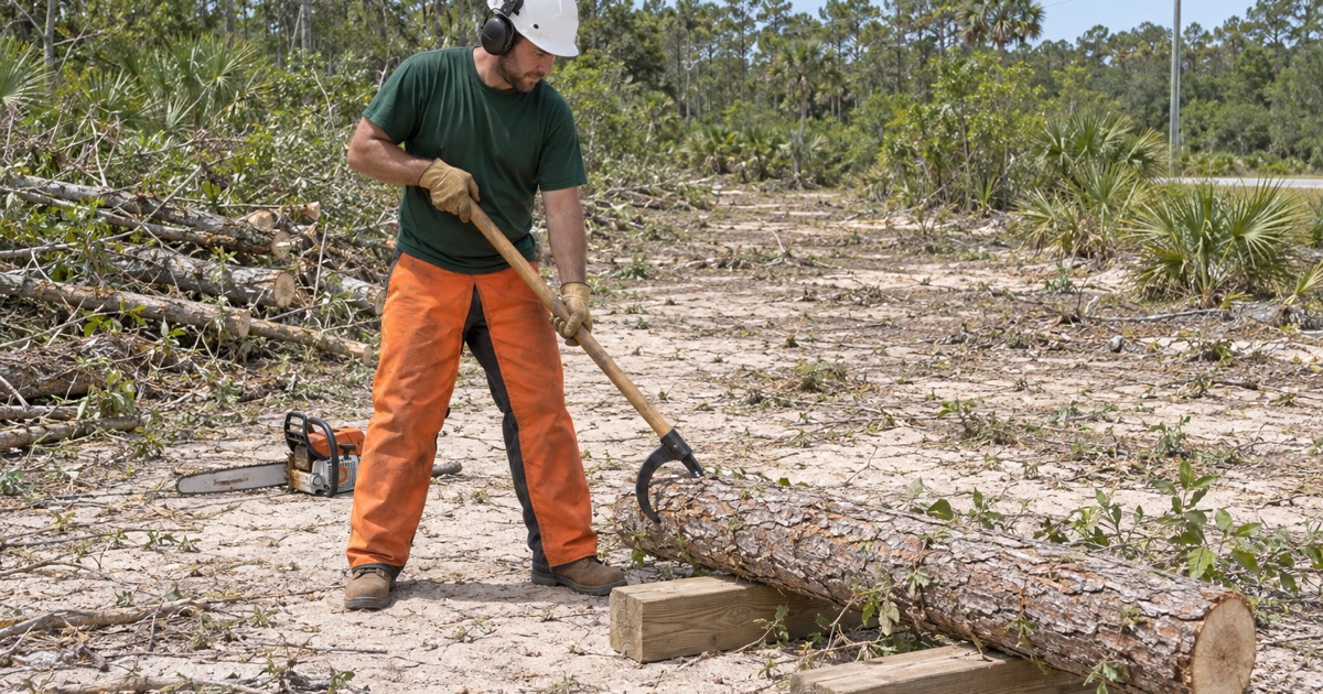 Worker rolling a cut earleaf acacia log onto a bunk on a North Port lot.