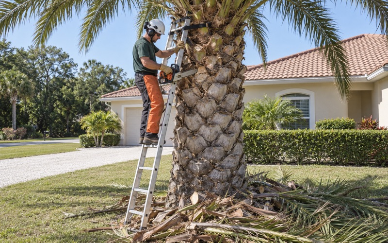 Worker on a ladder trimming a Canary Island date palm in a North Port front yard.
