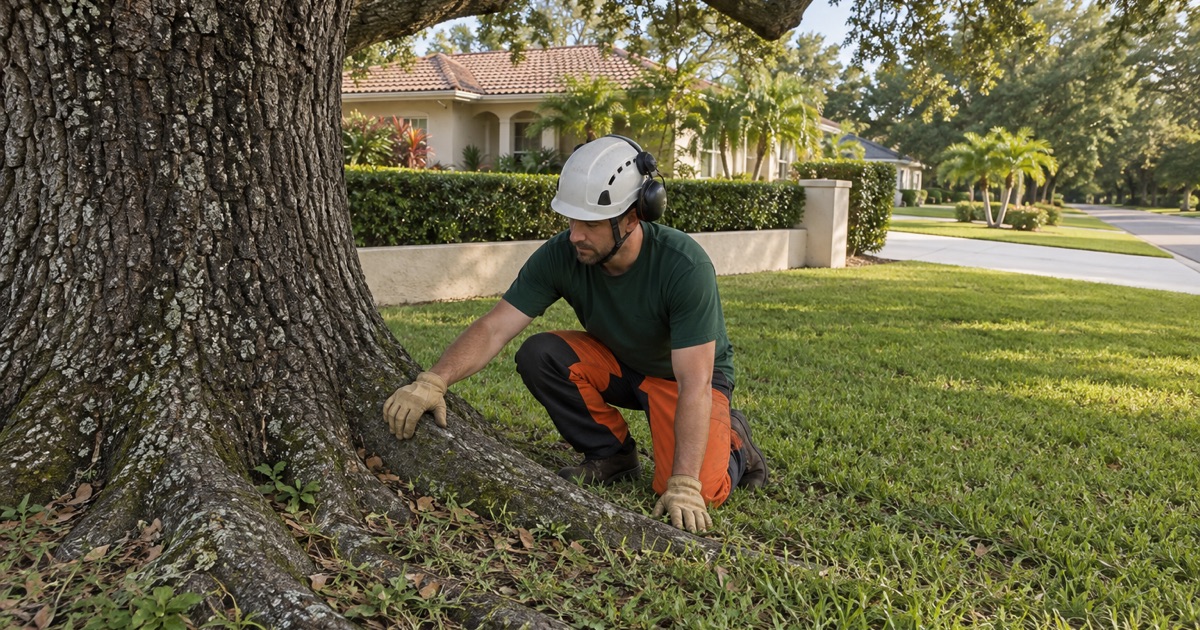 Worker reading the root flare of a large live oak beside a low front wall in North Port.
