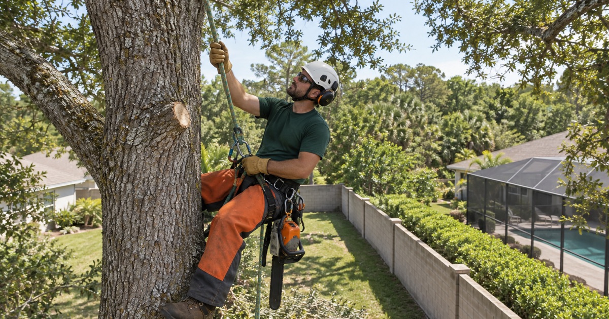 Climber cutting a laurel oak limb back to the collar above a boundary wall in North Port.