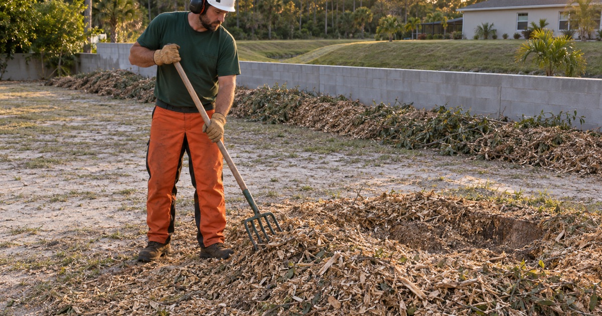 Worker windrowing laurel oak grinding chips on a North Port lot.