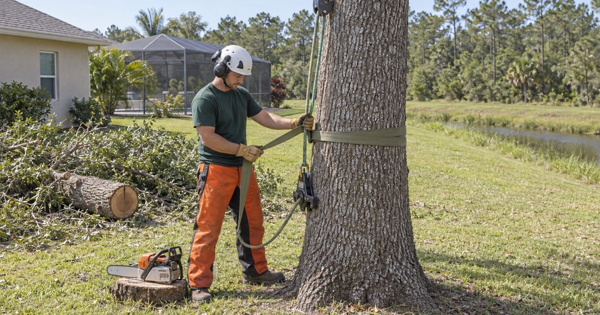 Tree worker dressing a rigging sling onto a laurel oak spar in a North Port back yard.