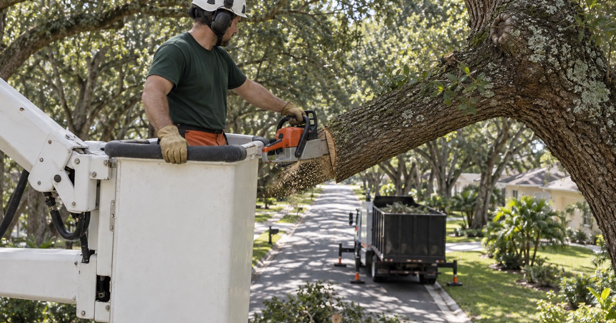 Worker making a branch collar cut on a live oak from an aerial bucket in North Port.
